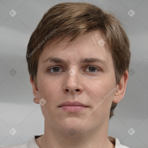 Neutral white young-adult male with short  brown hair and grey eyes