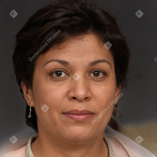 Joyful white adult female with short  brown hair and brown eyes