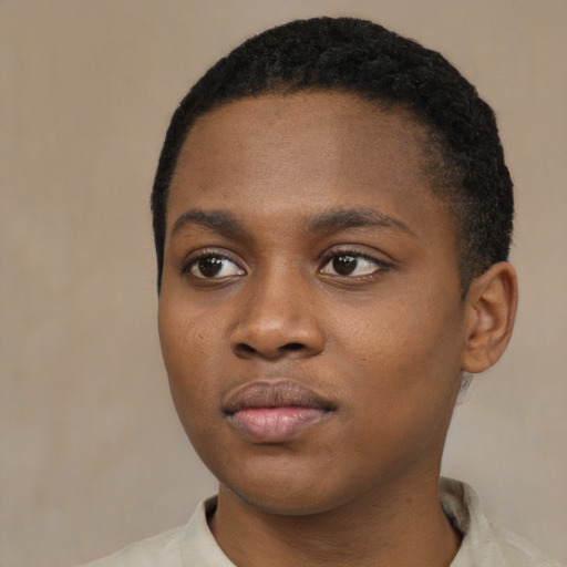 Neutral black young-adult female with short  black hair and brown eyes
