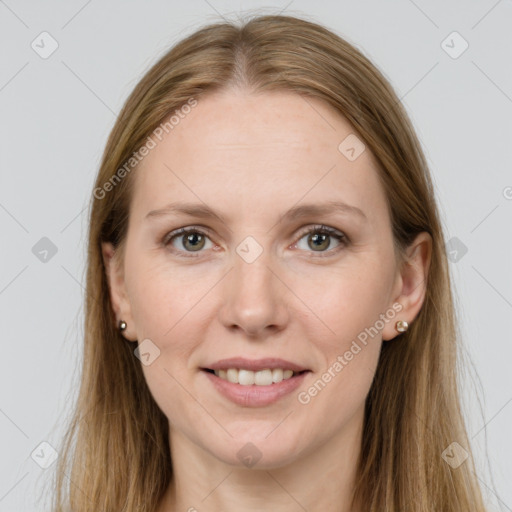 Joyful white young-adult female with long  brown hair and grey eyes