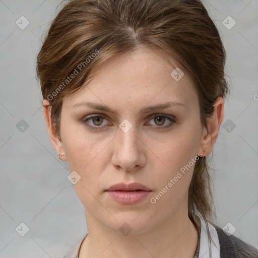 Neutral white young-adult female with medium  brown hair and grey eyes