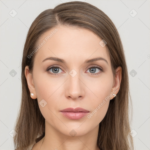 Neutral white young-adult female with long  brown hair and grey eyes