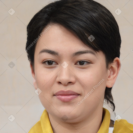 Joyful asian young-adult female with medium  brown hair and brown eyes