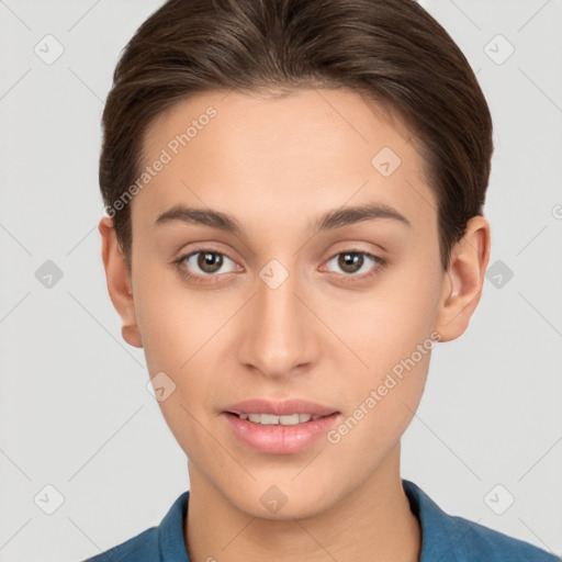 Joyful white young-adult female with short  brown hair and brown eyes