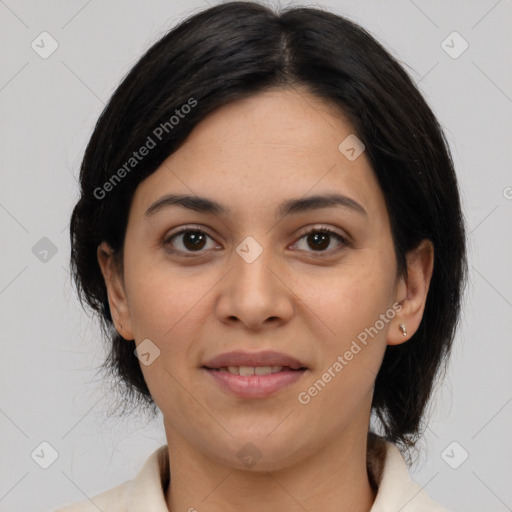 Joyful latino young-adult female with medium  brown hair and brown eyes