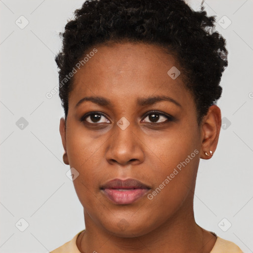 Neutral black young-adult female with short  brown hair and brown eyes