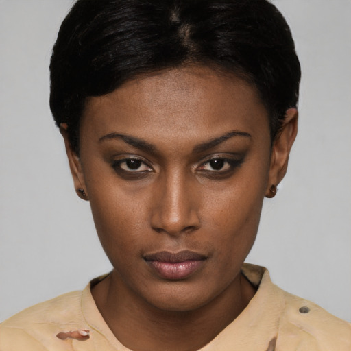 Neutral black young-adult female with short  black hair and brown eyes