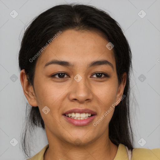 Joyful latino young-adult female with medium  brown hair and brown eyes