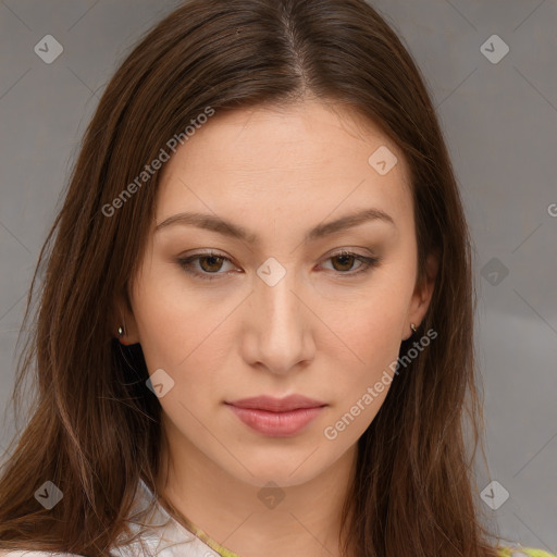 Neutral white young-adult female with long  brown hair and brown eyes