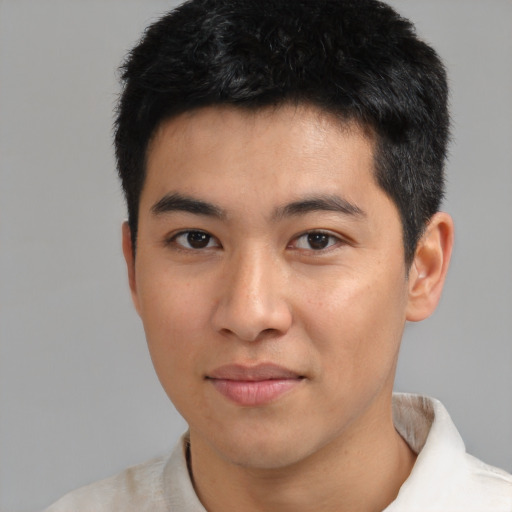 Neutral asian young-adult male with short  black hair and brown eyes