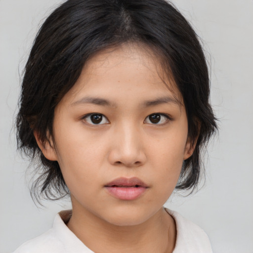 Neutral asian young-adult female with medium  brown hair and brown eyes