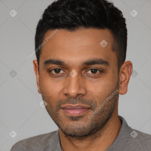 Neutral latino young-adult male with short  black hair and brown eyes