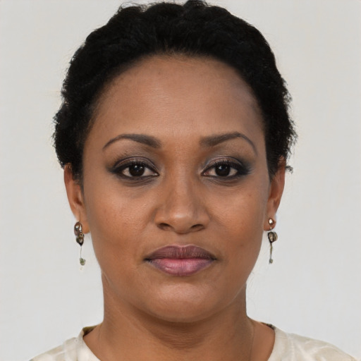 Joyful black adult female with short  black hair and brown eyes