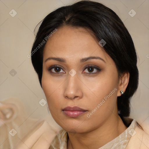 Neutral asian young-adult female with medium  brown hair and brown eyes