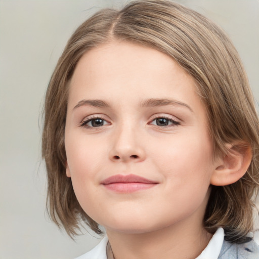 Joyful white child female with medium  brown hair and brown eyes