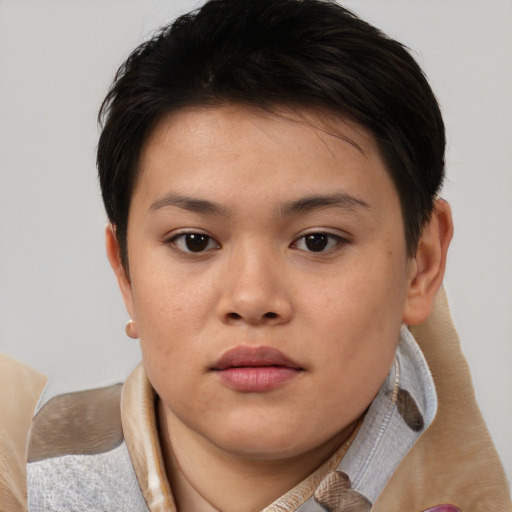 Neutral white young-adult female with short  brown hair and brown eyes