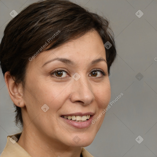 Joyful white adult female with medium  brown hair and brown eyes