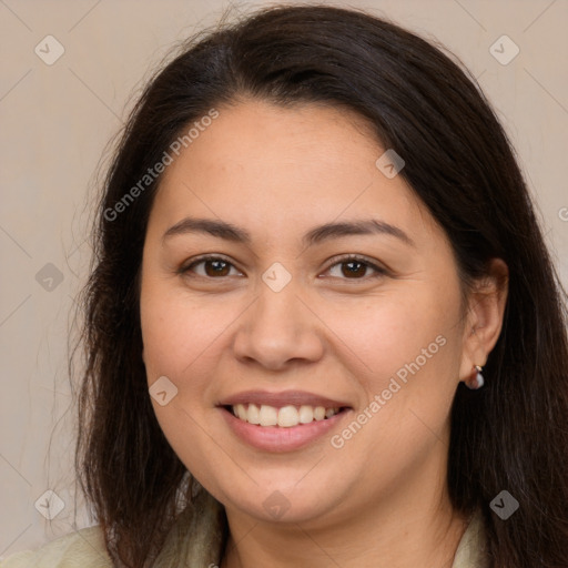 Joyful white young-adult female with long  brown hair and brown eyes