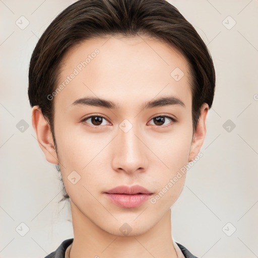 Neutral white young-adult male with short  brown hair and brown eyes