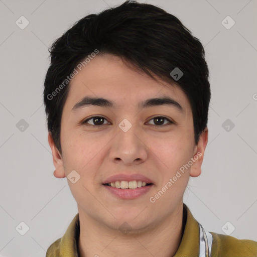 Joyful asian young-adult male with short  brown hair and brown eyes