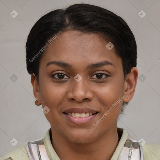 Joyful latino young-adult female with short  brown hair and brown eyes