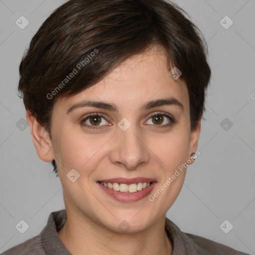 Joyful white young-adult female with short  brown hair and brown eyes