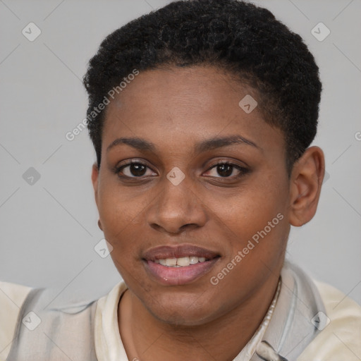 Joyful black young-adult female with short  brown hair and brown eyes