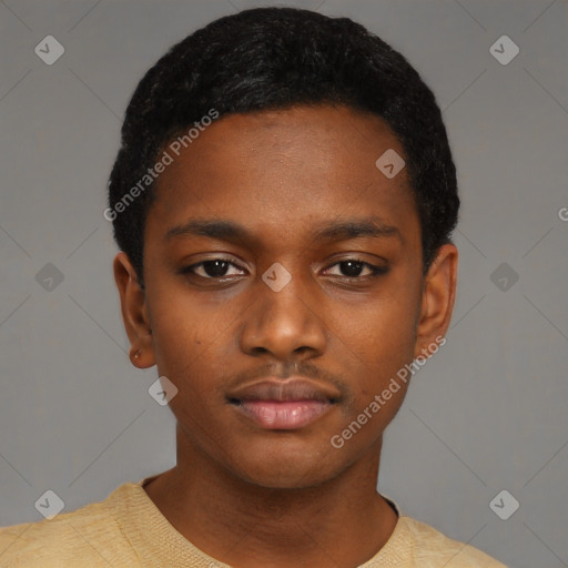 Neutral black young-adult male with short  black hair and brown eyes