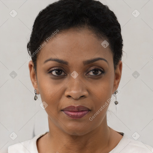 Joyful black young-adult female with short  brown hair and brown eyes