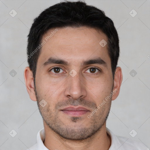 Joyful white young-adult male with short  brown hair and brown eyes