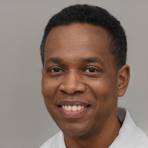 Joyful black adult male with short  black hair and brown eyes