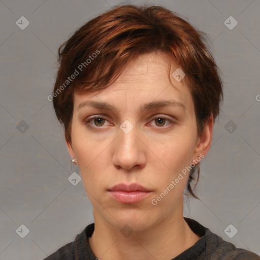 Neutral white young-adult female with medium  brown hair and brown eyes