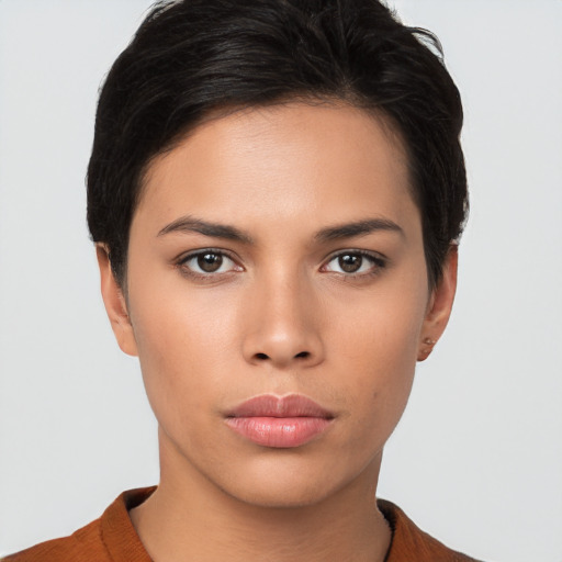 Neutral asian young-adult female with short  brown hair and brown eyes