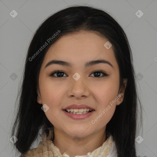 Joyful latino young-adult female with medium  brown hair and brown eyes