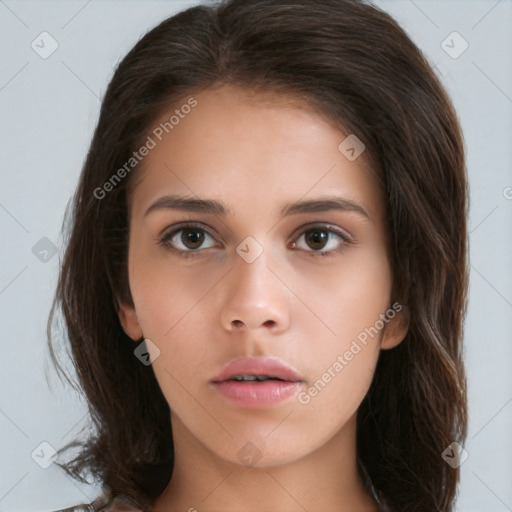 Neutral white young-adult female with long  brown hair and brown eyes