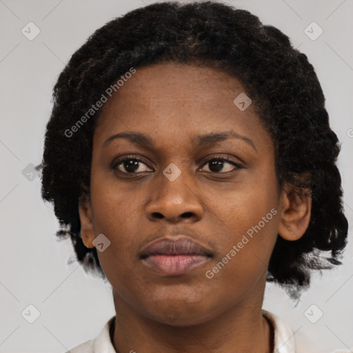 Neutral black young-adult female with short  black hair and brown eyes