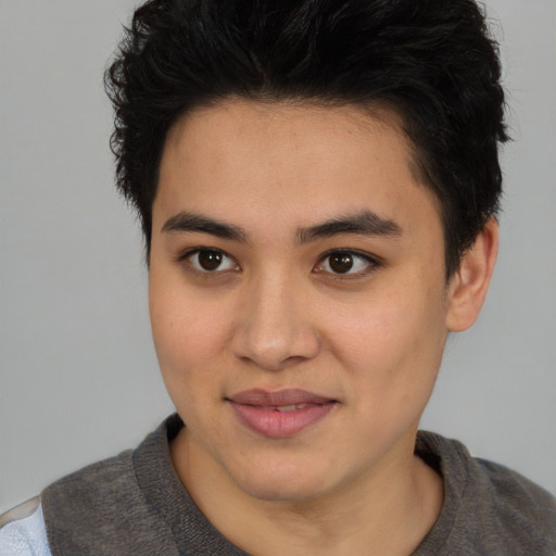 Joyful asian young-adult female with short  brown hair and brown eyes