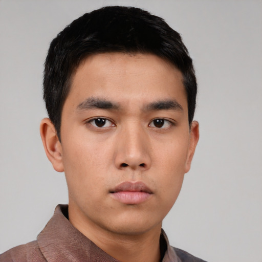 Neutral asian young-adult male with short  black hair and brown eyes