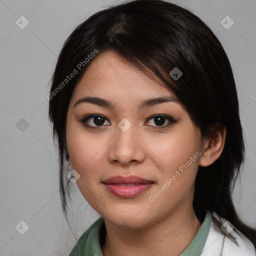 Joyful asian young-adult female with medium  black hair and brown eyes