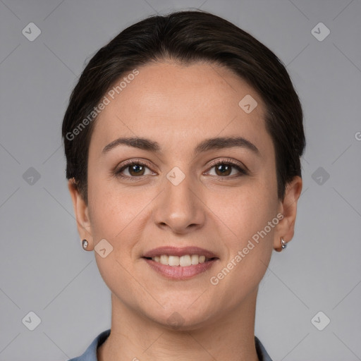 Joyful white young-adult female with short  brown hair and brown eyes