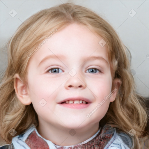 Joyful white child female with medium  brown hair and blue eyes