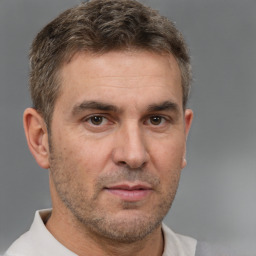 Neutral white adult male with short  brown hair and brown eyes