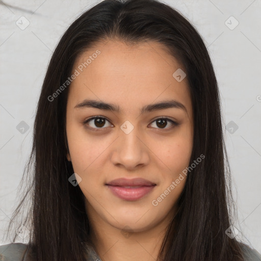 Joyful asian young-adult female with long  brown hair and brown eyes