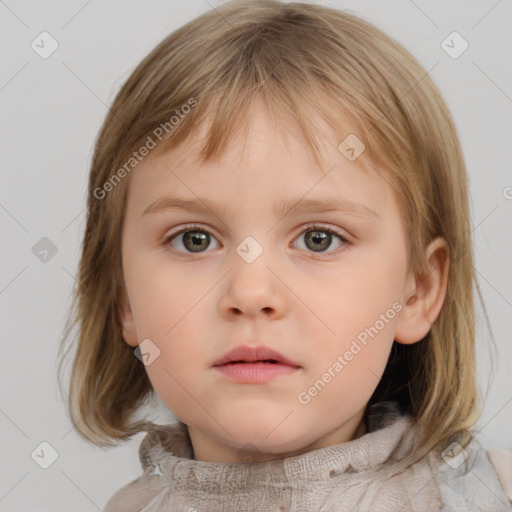 Neutral white child female with medium  brown hair and grey eyes