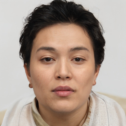 Neutral white young-adult female with short  brown hair and brown eyes