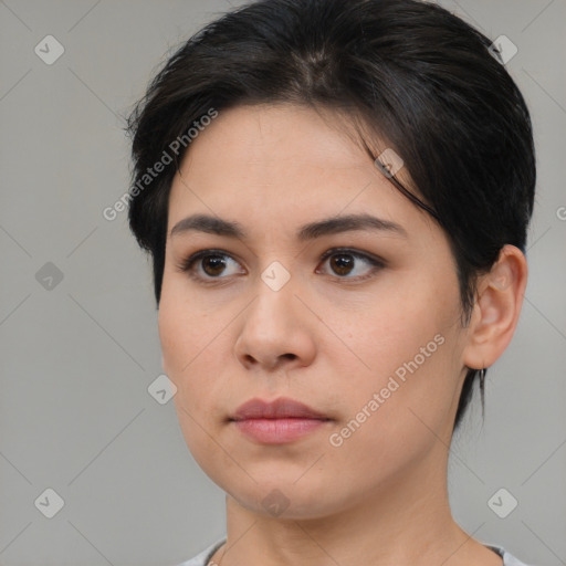 Neutral white young-adult female with medium  brown hair and brown eyes