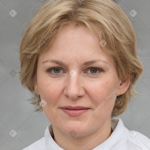 Joyful white adult female with medium  brown hair and blue eyes