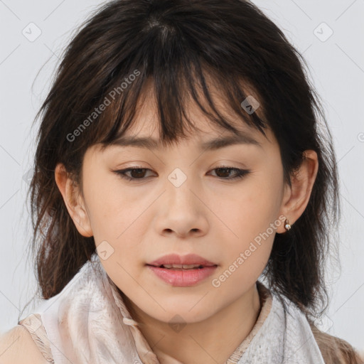 Neutral asian young-adult female with medium  brown hair and brown eyes