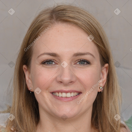 Joyful white young-adult female with long  brown hair and grey eyes