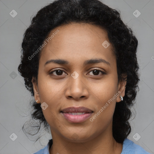 Joyful latino young-adult female with medium  black hair and brown eyes